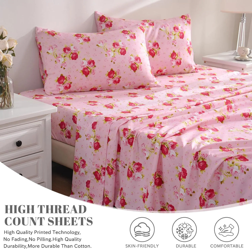 Pink Floral 4 Piece California King Microfiber Sheet Set V369011