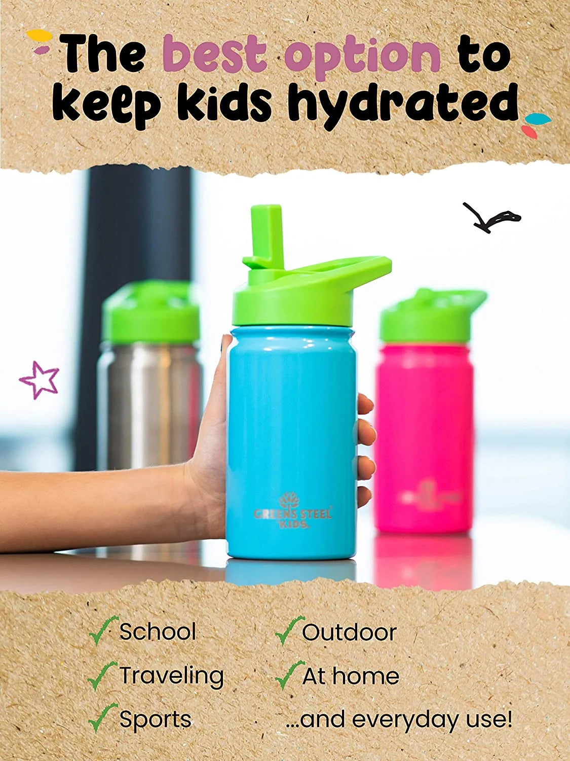 12oz Orange Insulated Double Wall Stainless Steel Kids Water Bottle with Straw T8232