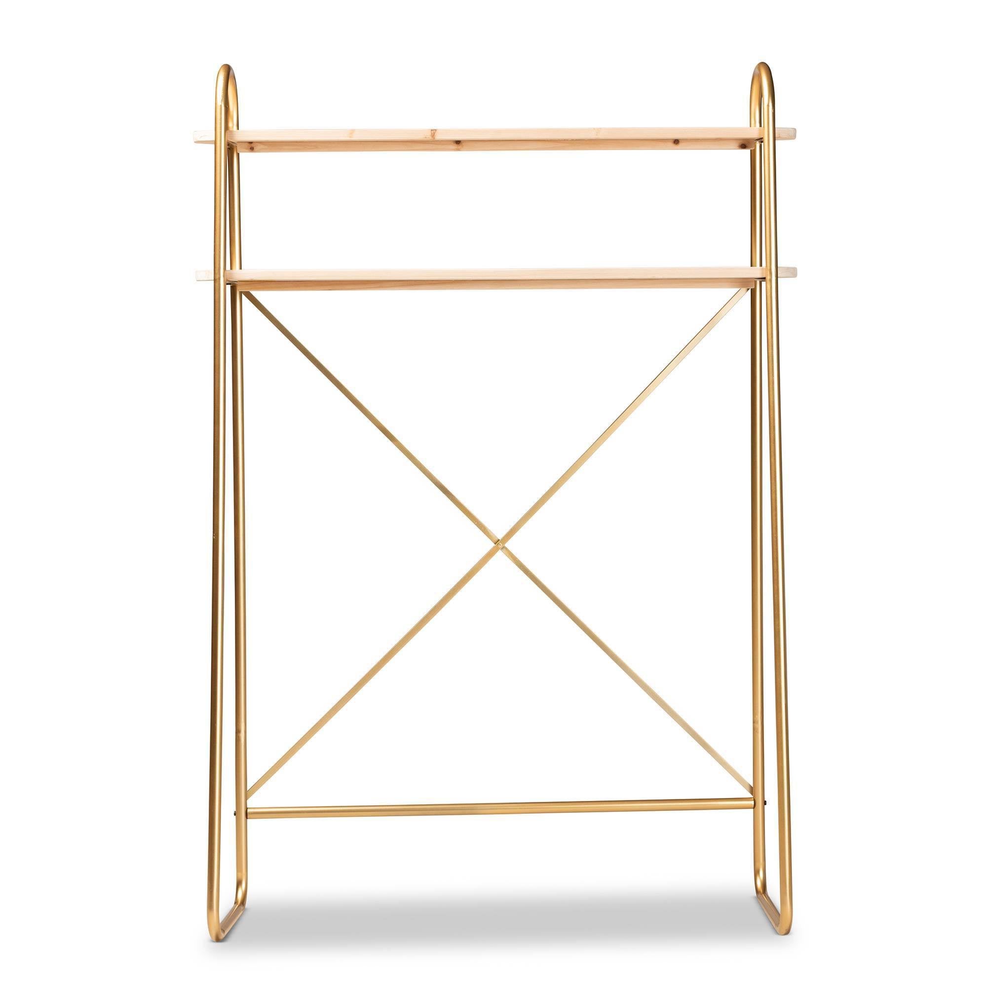 Brushed Gold Finished Metal and Natural Brown Finished Wood 2-Tier Over Bed Twin Size Storage Y70665