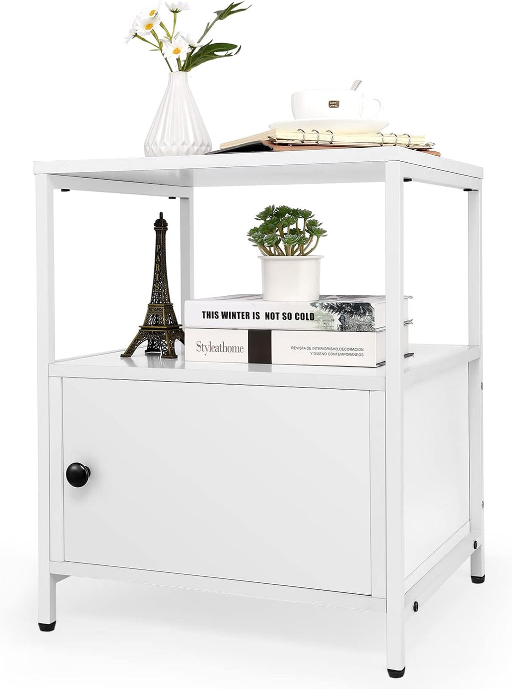 White Wooden Nightstand with Storage Cabinet and Open Shelf I5302