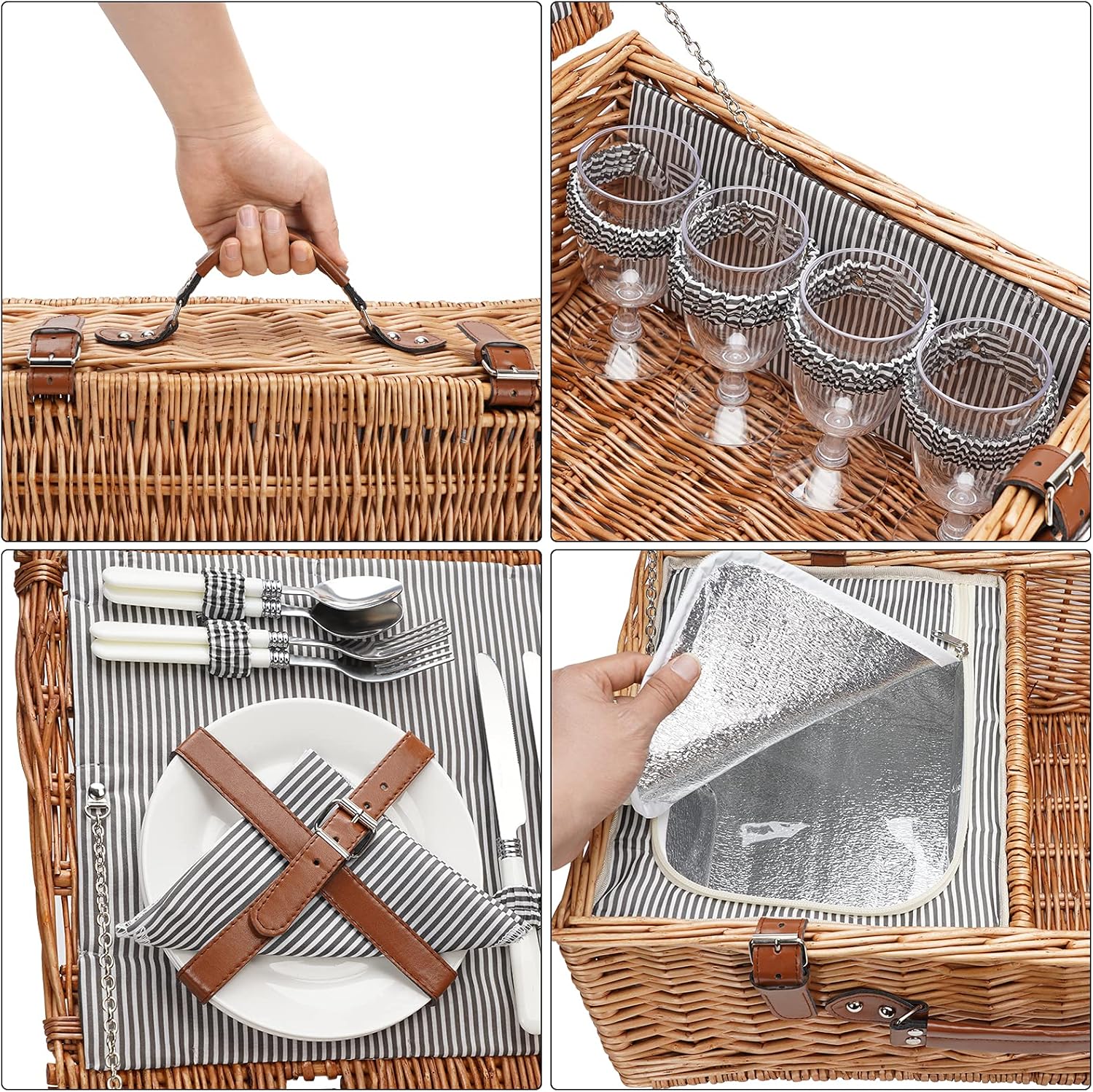 Large Willow Wicker Picnic Basket Set with Insulated Compartment X735