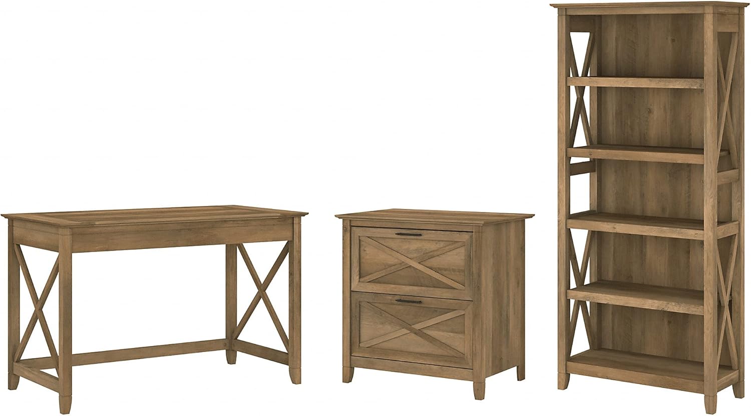 Dark Gray Hickory Writing Desk with 2 Drawer Lateral File Cabinet and 5 Shelf Bookcase O4078