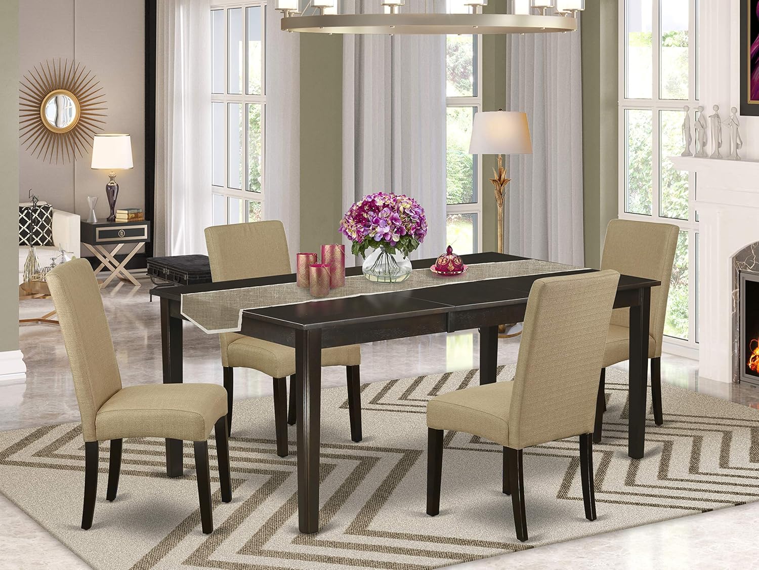 9 Pc Dining Table with Self Storing Butterfly Leaf and 8 Parson Chair with Cappuccino Finish Leg and Linen Fabric V7138