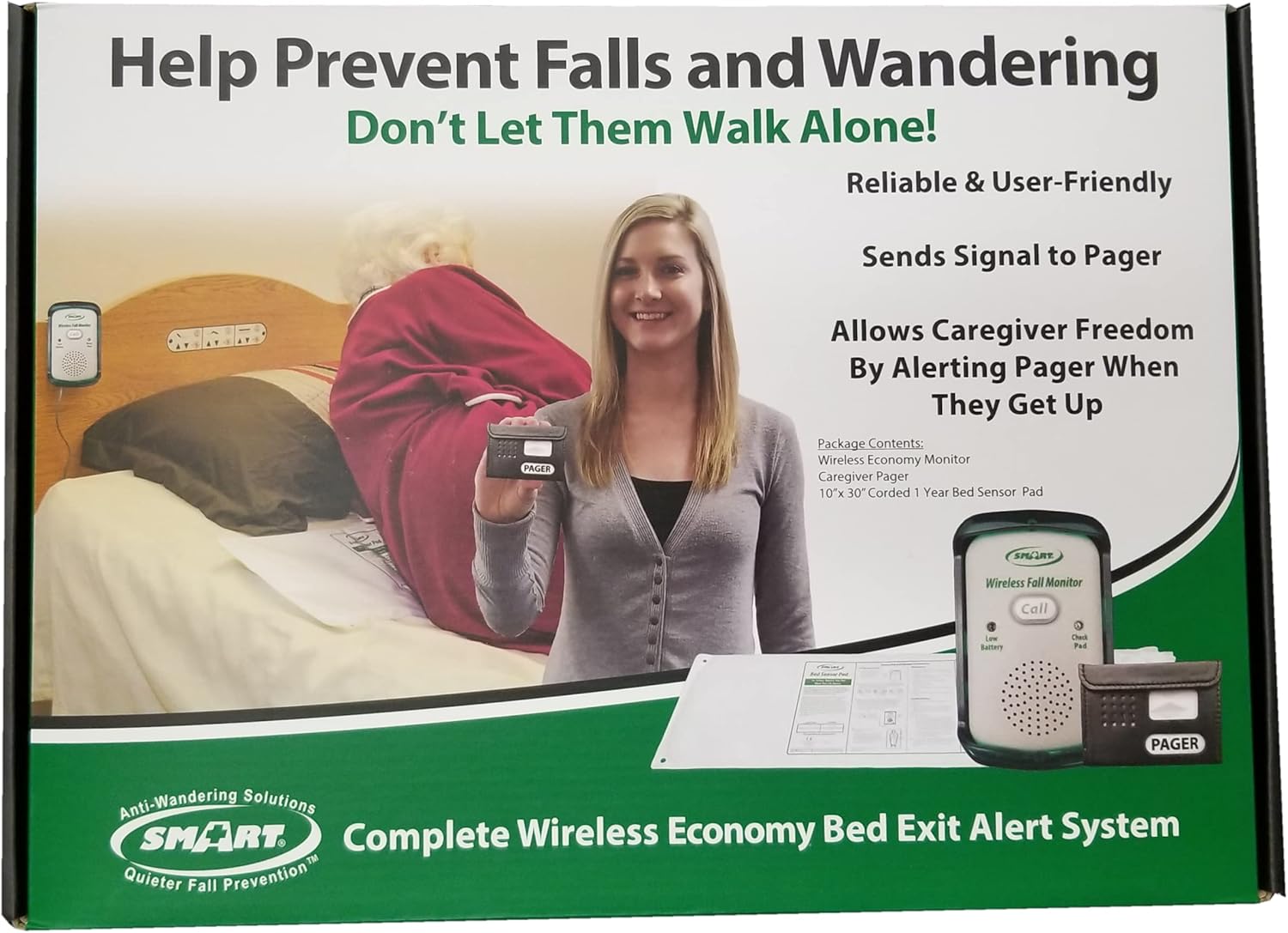 Wireless Fall Alert with 10in x 30in Bed Pad and Caregiver Pager E895569