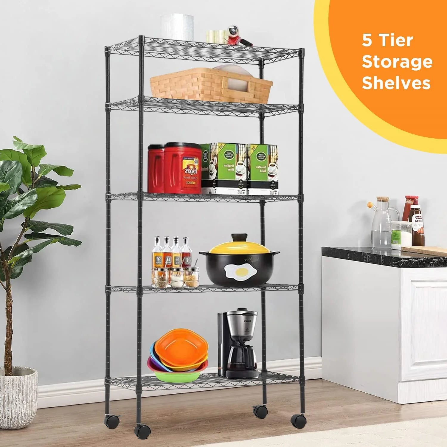 5-Tier Wire Shelving with Wheels, Heavy Duty Rolling Metal Shelves, Black E86655