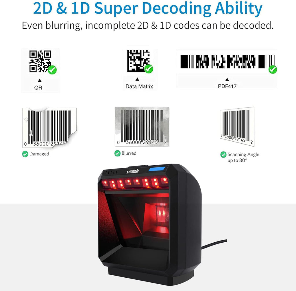 2D Handsfree Barcode Scanner QR Omnidirectional Desktop USB Wired Automatic Sensing Big Scan Window Pack of 2 I5245