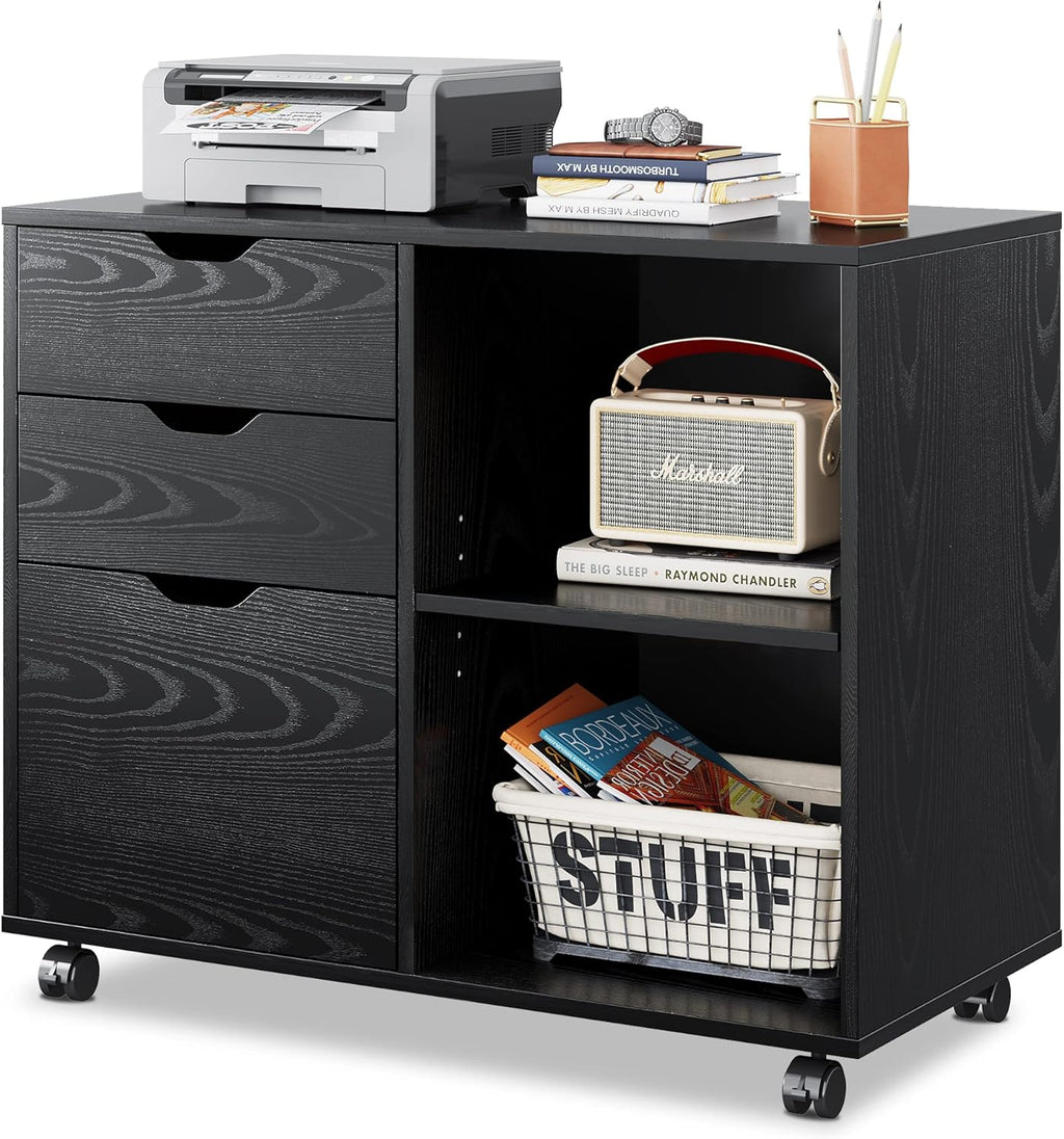 White 3-Drawer Mobile Wood File Cabinet with Open Storage Shelves G760