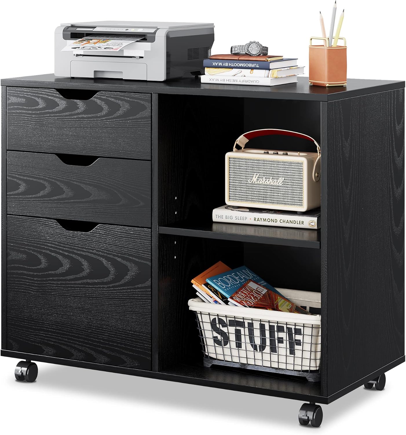 White 3-Drawer Mobile Wood File Cabinet with Open Storage Shelves G760