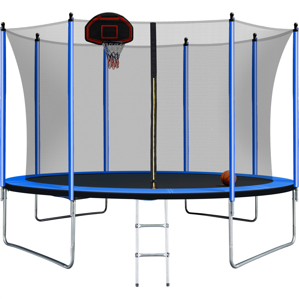10FT Trampoline with Basketball Hoop Inflator and Ladder, Safety Enclosure Net, Blue E481102