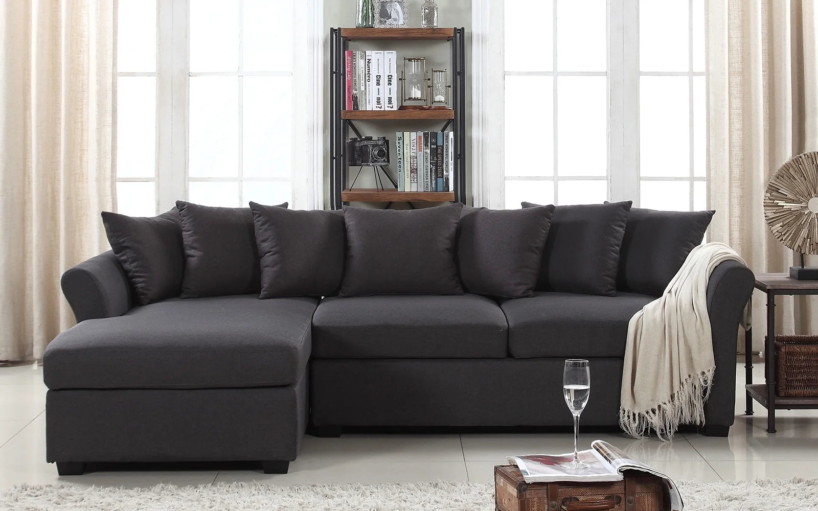 Dark Grey Linen L-Shape Sectional Sofa with Chaise Lounge T3475