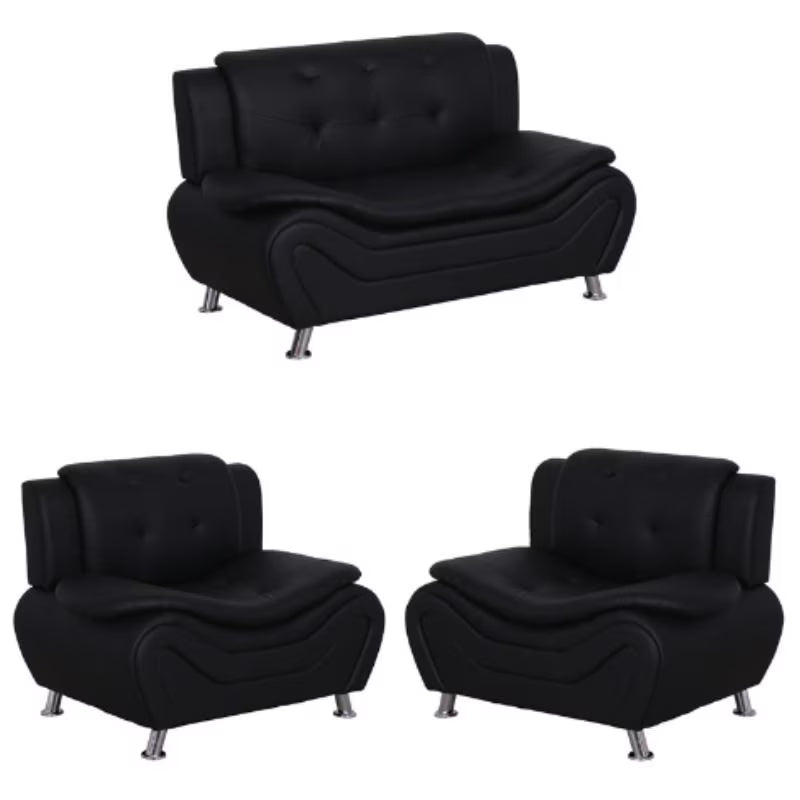 3-Piece Faux Leather Loveseat and 2 Club Chairs Set in Black B124