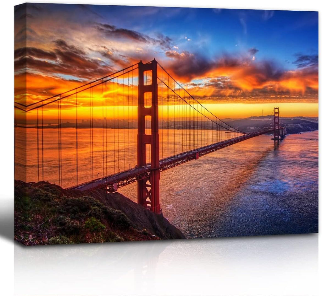 Golden Gate Bridge Canvas Prints Wall Art Sunset City Sea Landscape Poster Paintings, Ready to Hang V26080