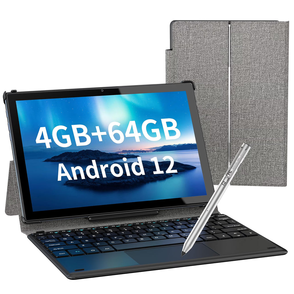 10.1 inch 2 in 1 Android 12 Tablet with Docking Keyboard Case, 4GB RAM 64GB ROM, 1920x1200 Full HD, Octa-Core Processor, 7000mAh Battery, Gray I990