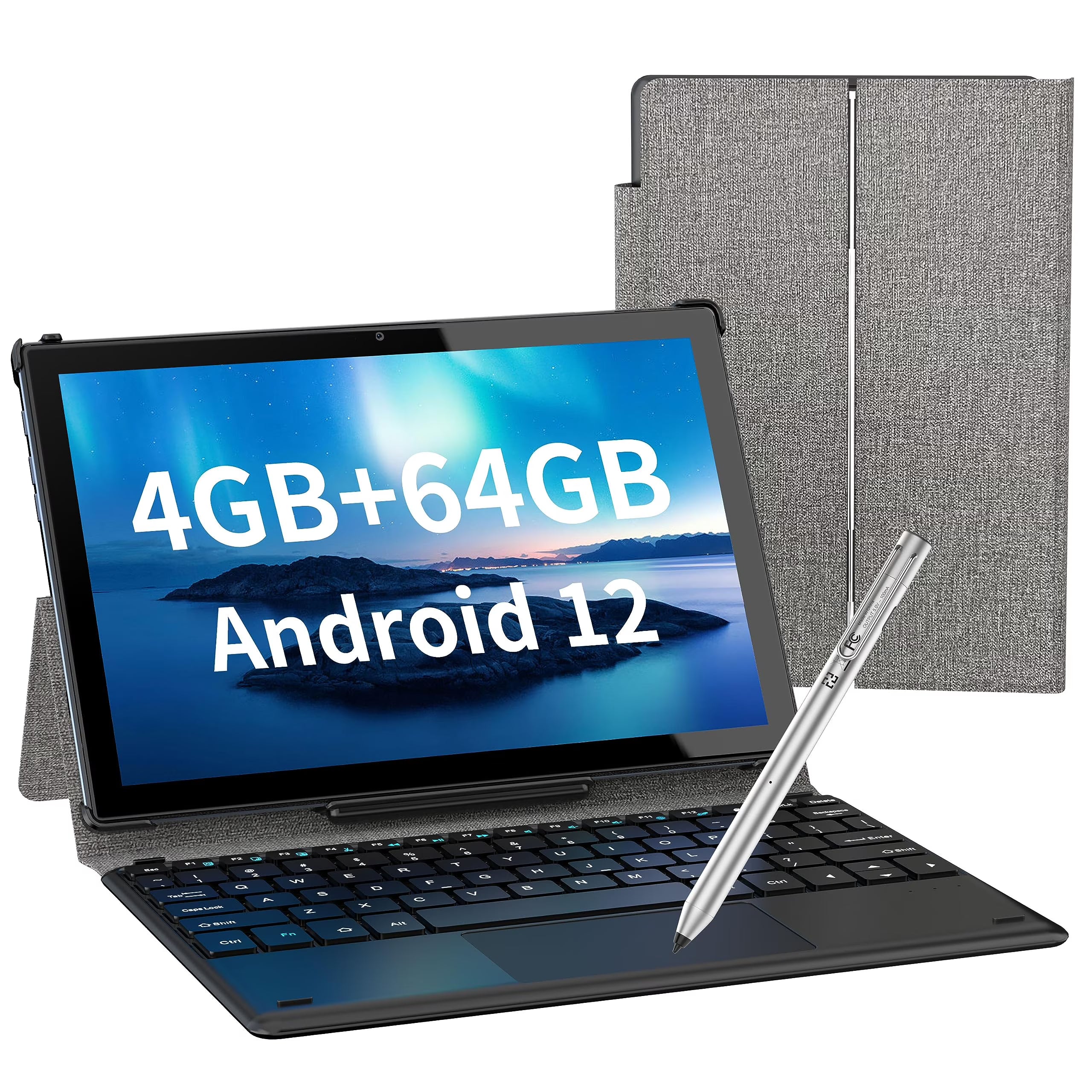 10.1 inch 2 in 1 Android 12 Tablet with Docking Keyboard Case, 4GB RAM 64GB ROM, 1920x1200 Full HD, Octa-Core Processor, 7000mAh Battery, Gray I990
