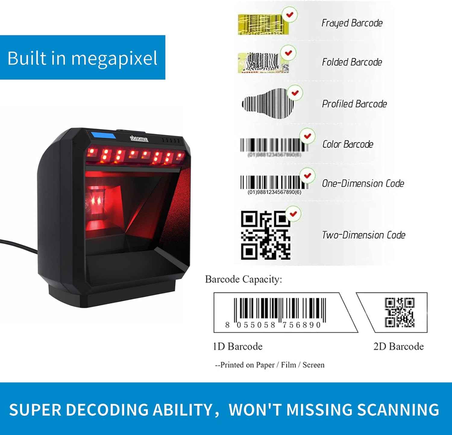 2D Handsfree Barcode Scanner QR Omnidirectional Desktop USB Wired Automatic Sensing Big Scan Window Pack of 2 I5245