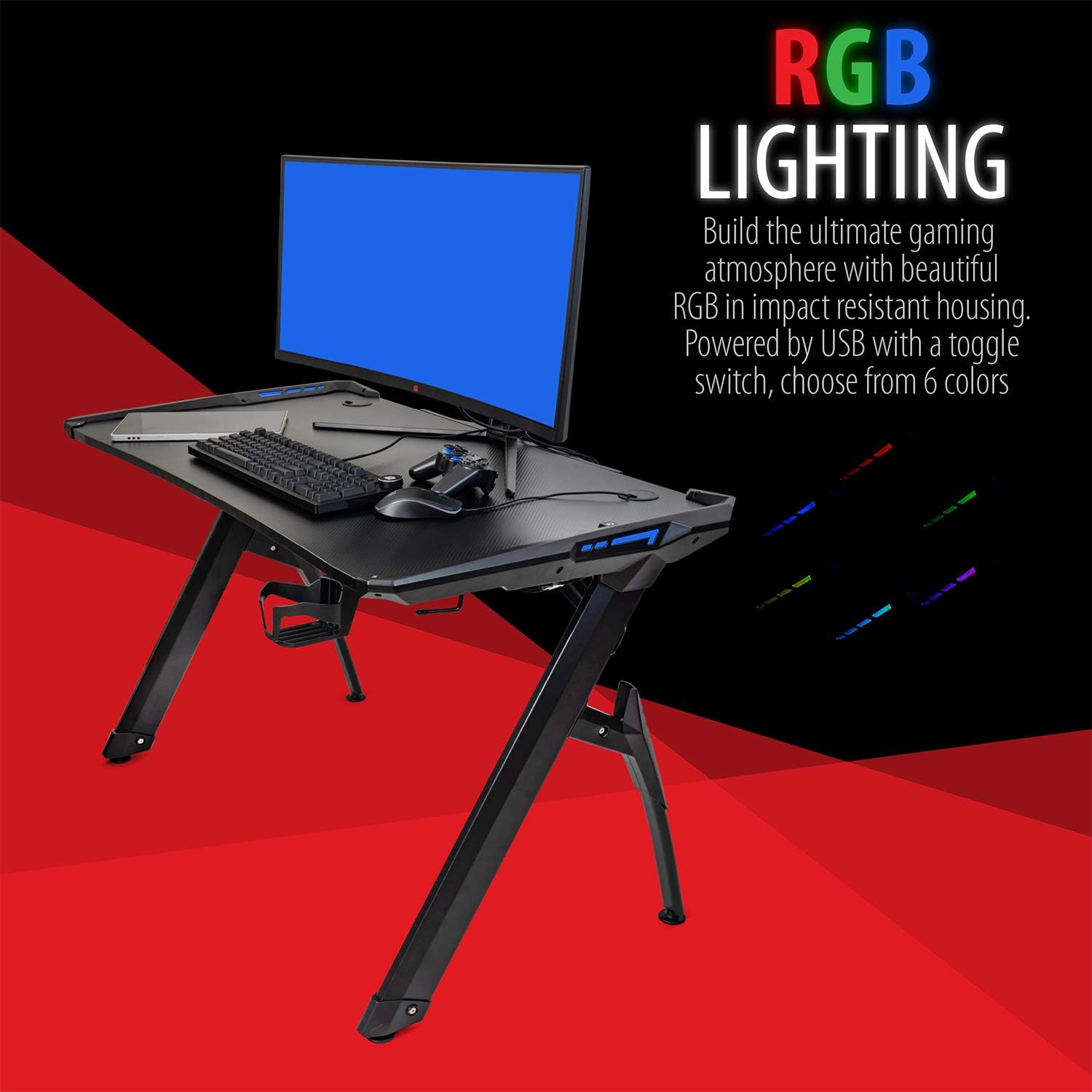 Ultrawide Curved LED Computer Desk, Waterproof Carbon-Fiber Surface, 6-Color RGB Lighting Accents, Cup Holder, 31.5 Mouse Pad E263