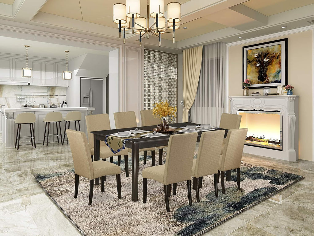 9 Pc Dining Table with Self Storing Butterfly Leaf and 8 Parson Chair with Cappuccino Finish Leg and Linen Fabric V7138
