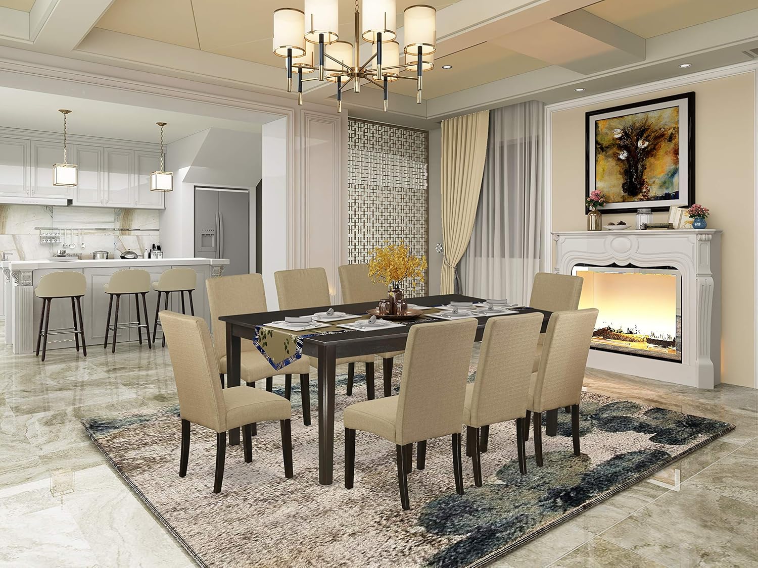 9 Pc Dining Table with Self Storing Butterfly Leaf and 8 Parson Chair with Cappuccino Finish Leg and Linen Fabric V7138