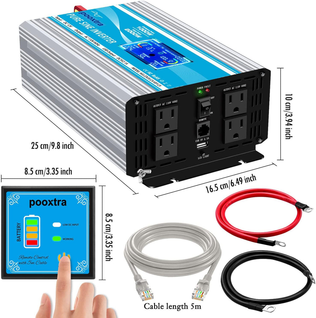 2000 Watt Pure Sine Wave Power Inverter 12V DC to 110V AC with LCD Display USB Port 4 AC Outlets E5884