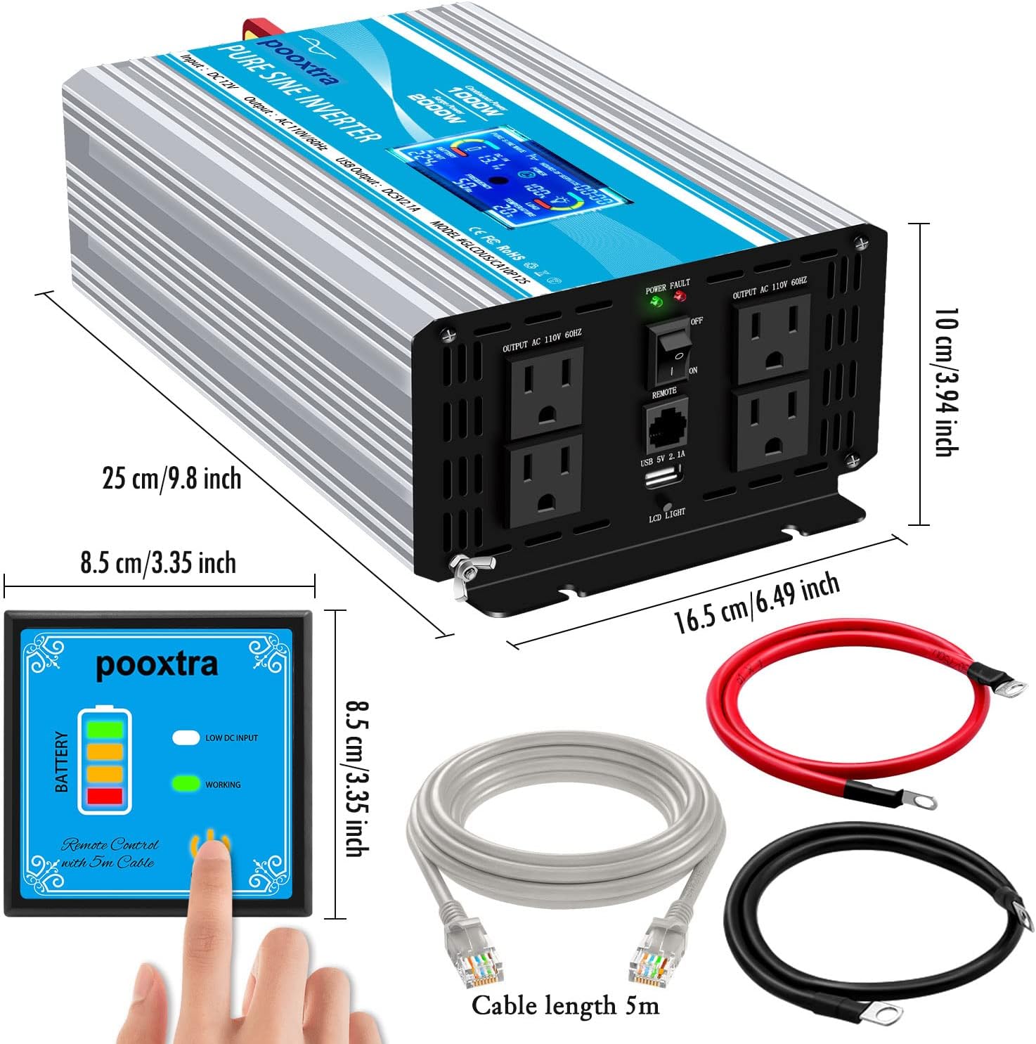 2000 Watt Pure Sine Wave Power Inverter 12V DC to 110V AC with LCD Display USB Port 4 AC Outlets E5884