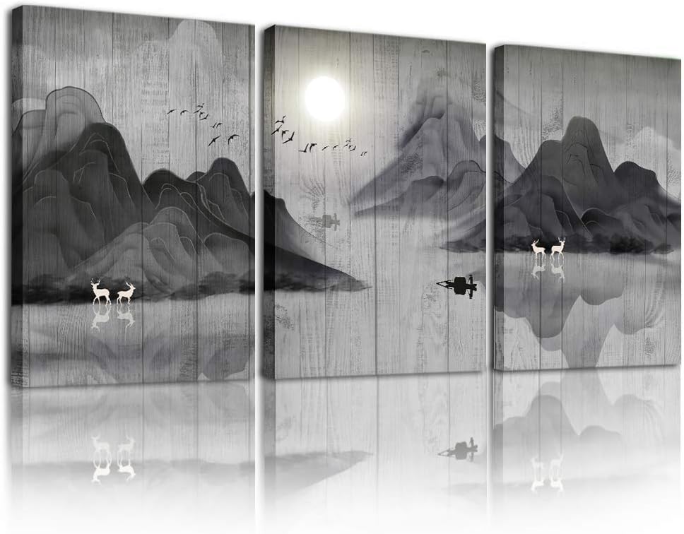 Black and White Mountain Abstract 3 Piece Canvas Wall Art J1435