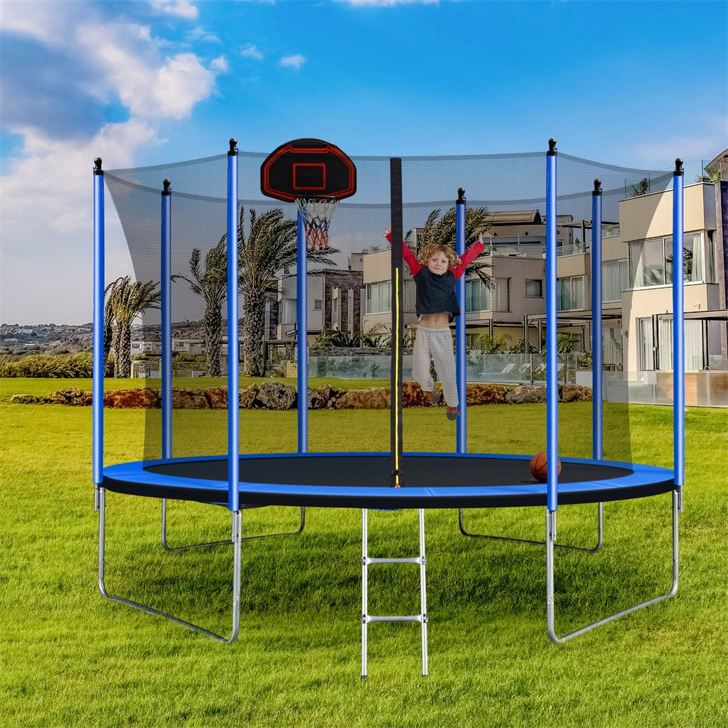 10FT Trampoline with Basketball Hoop Inflator and Ladder, Safety Enclosure Net, Blue E481102