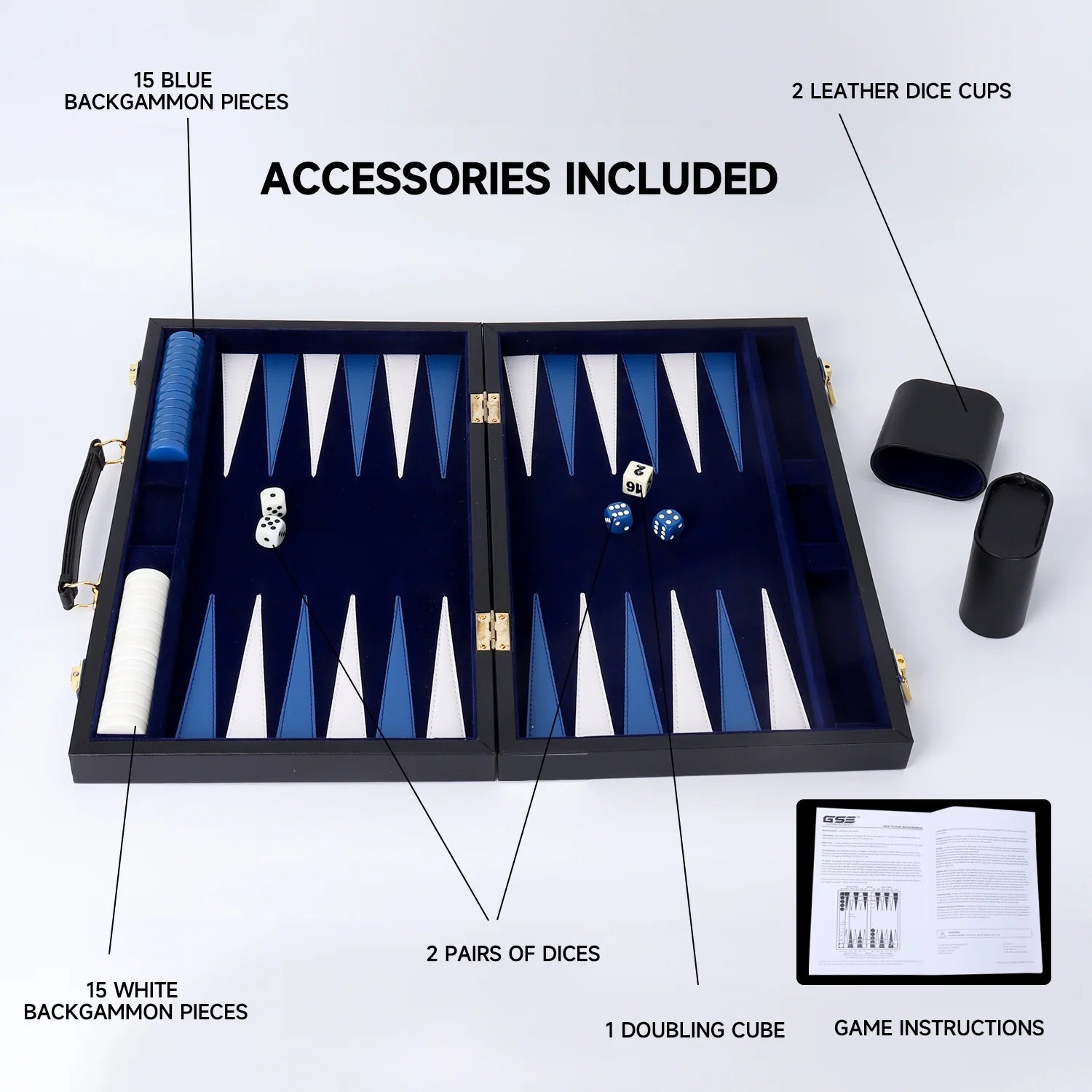 Black & Blue Leather Folding Backgammon Board Game Set M4350