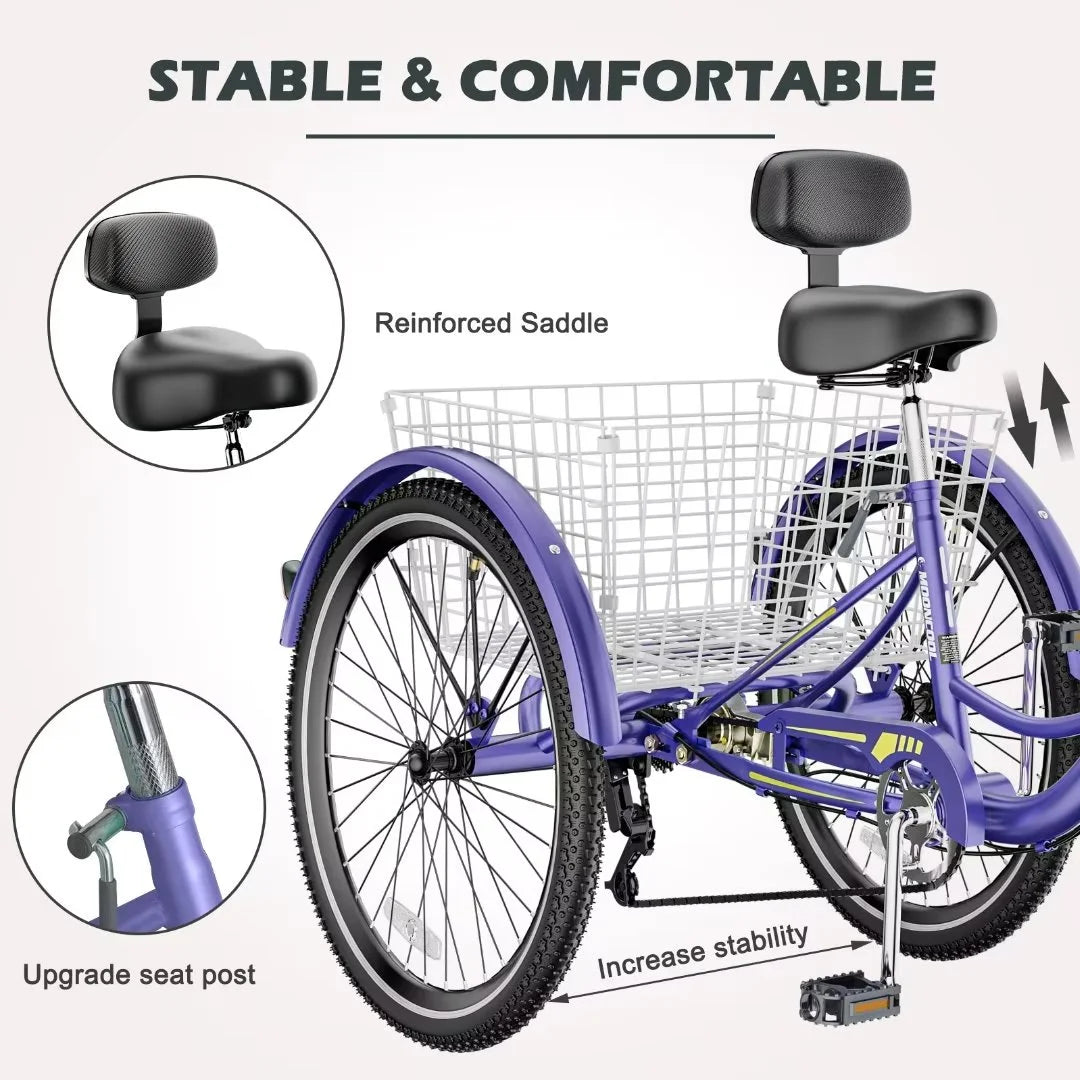 24"/26" Adult Tricycle Bike, 7 Speed 3-Wheel Bicycle, with Backrest & Shopping Basket Q94165