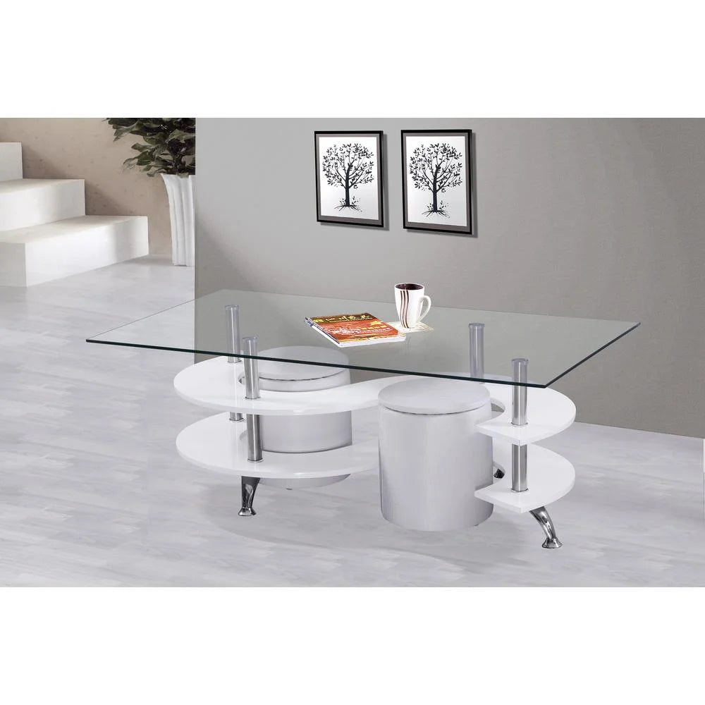 White High Gloss Lacquer Coffee Table with Glass Top and Stool Storage R424