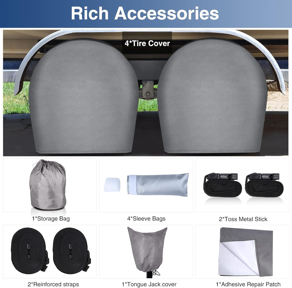 Upgraded Waterproof 500D Travel Trailer Cover with 4 Tire Covers, Tongue Jack Cover J1829