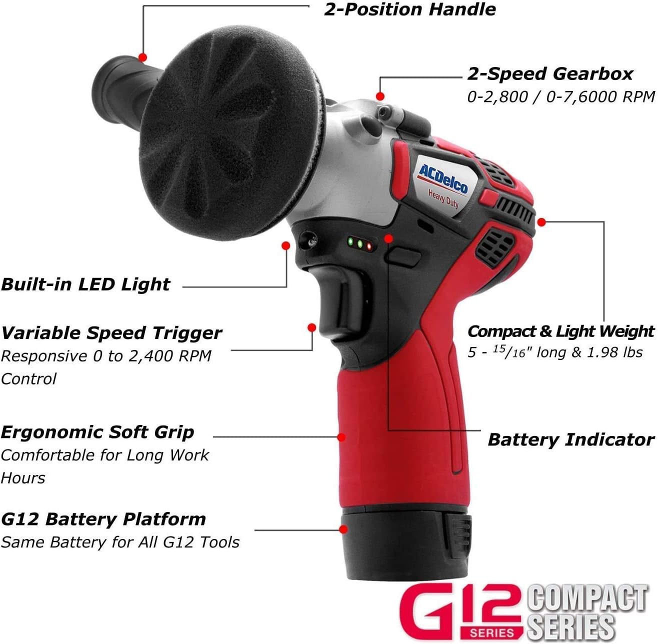 12V Cordless Li-ion Mini Polisher, Impact & Ratchet Wrench Combo Tool Kit with 2 Batteries D7423