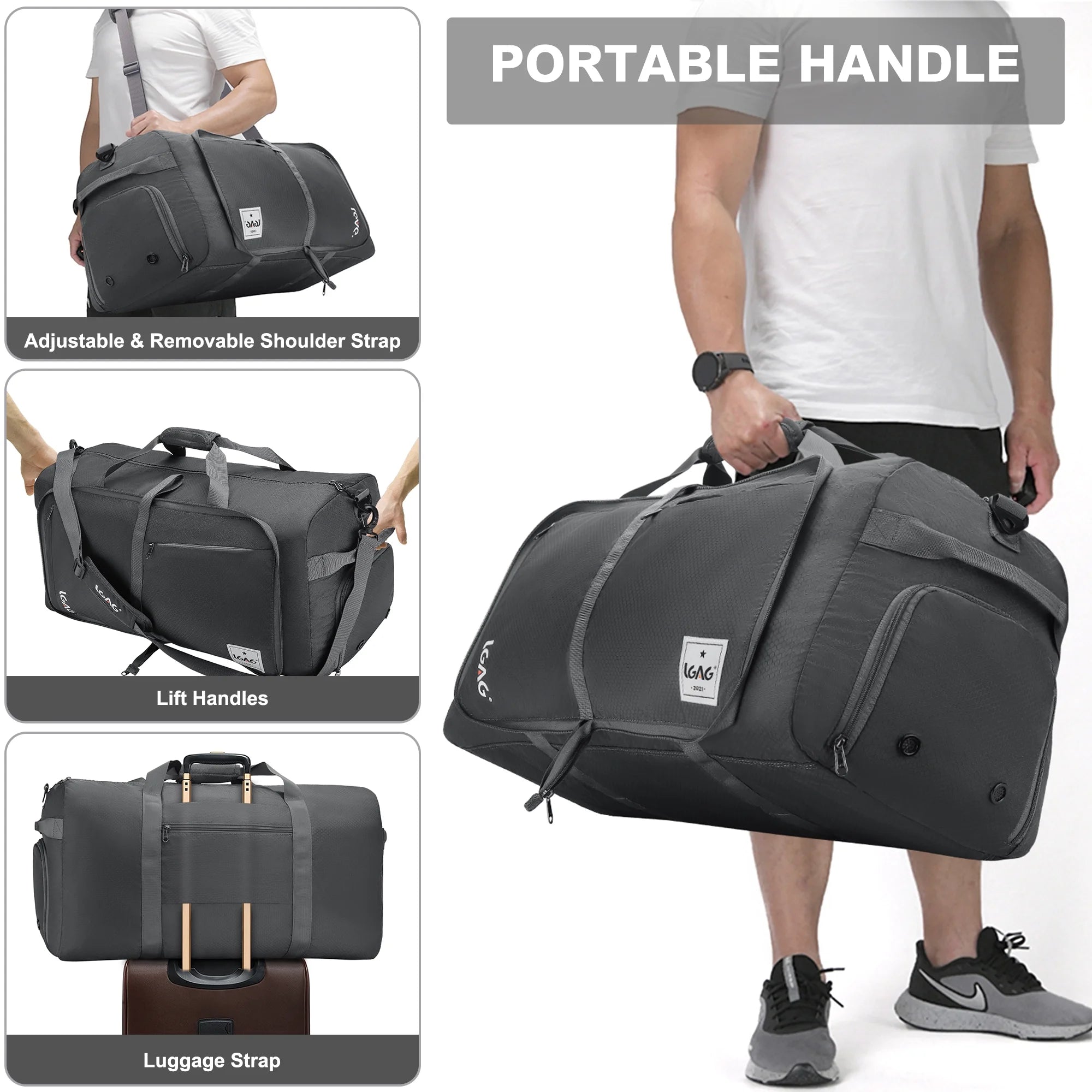 Gray 85L Foldable Waterproof Duffle Bag with Shoe Compartment A723