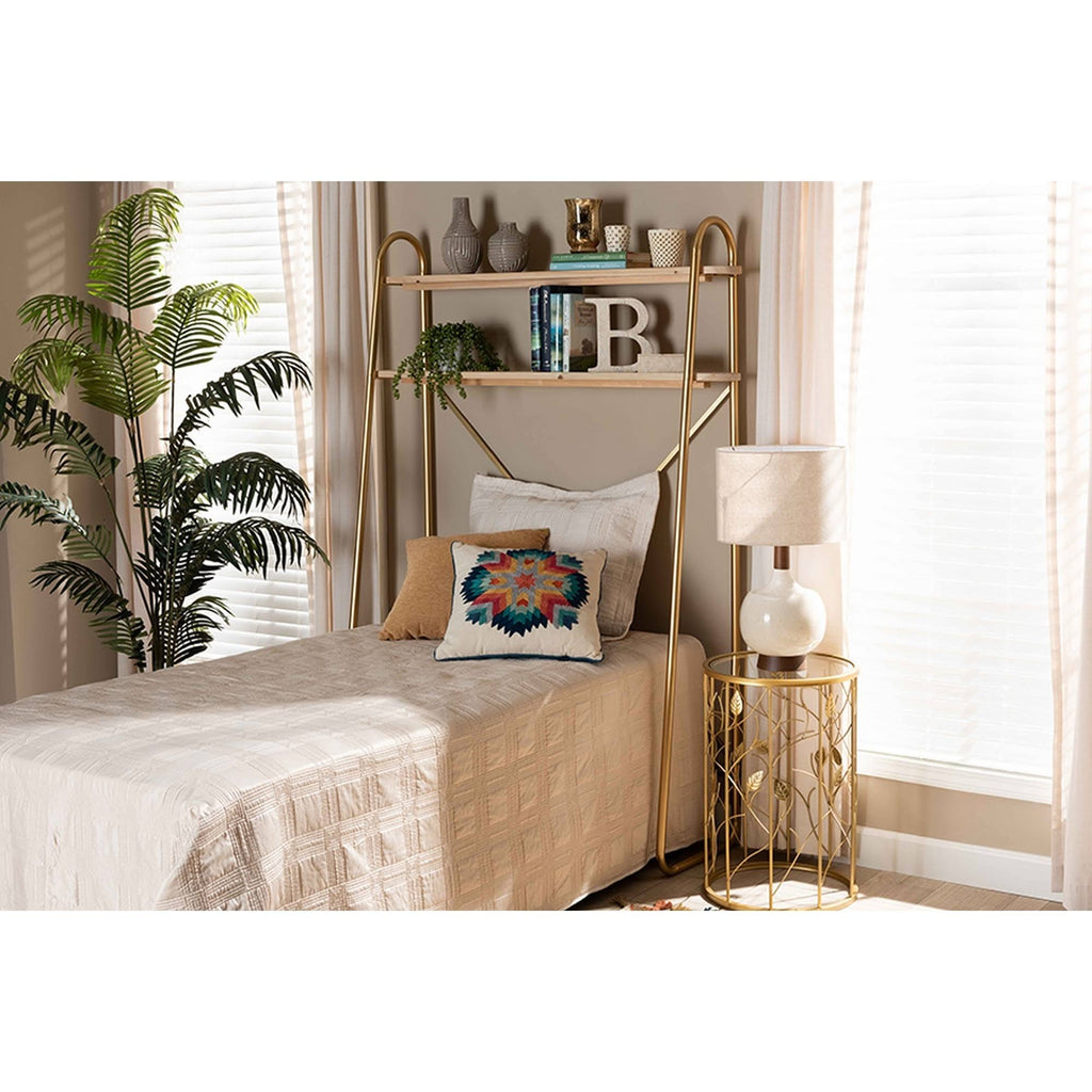 Brushed Gold Finished Metal and Natural Brown Finished Wood 2-Tier Over Bed Twin Size Storage Y70665