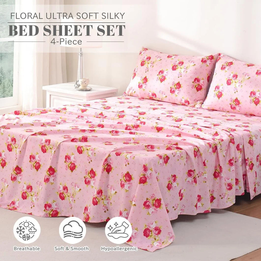 Pink Floral 4 Piece California King Microfiber Sheet Set V369011