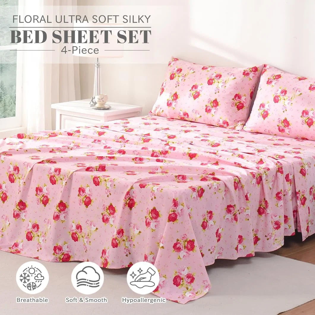 Pink Floral 4 Piece California King Microfiber Sheet Set V369011