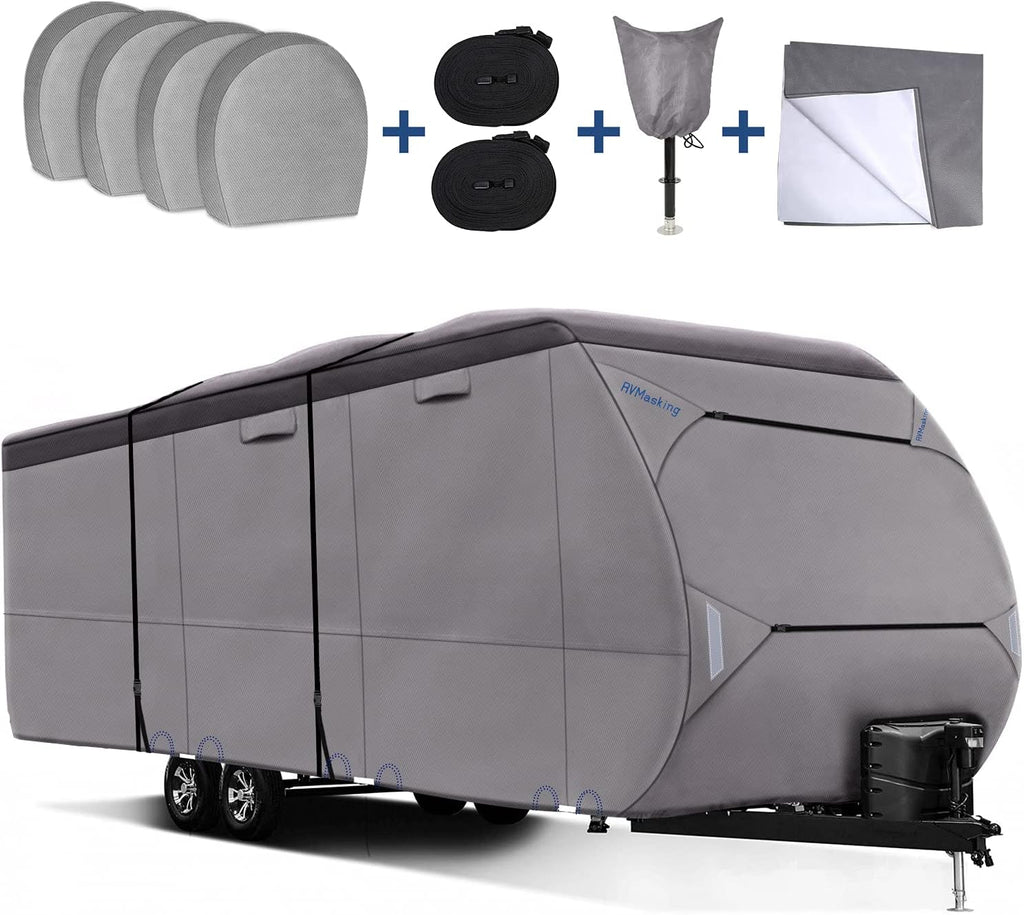 Upgraded Waterproof 500D Travel Trailer Cover with 4 Tire Covers, Tongue Jack Cover J1829