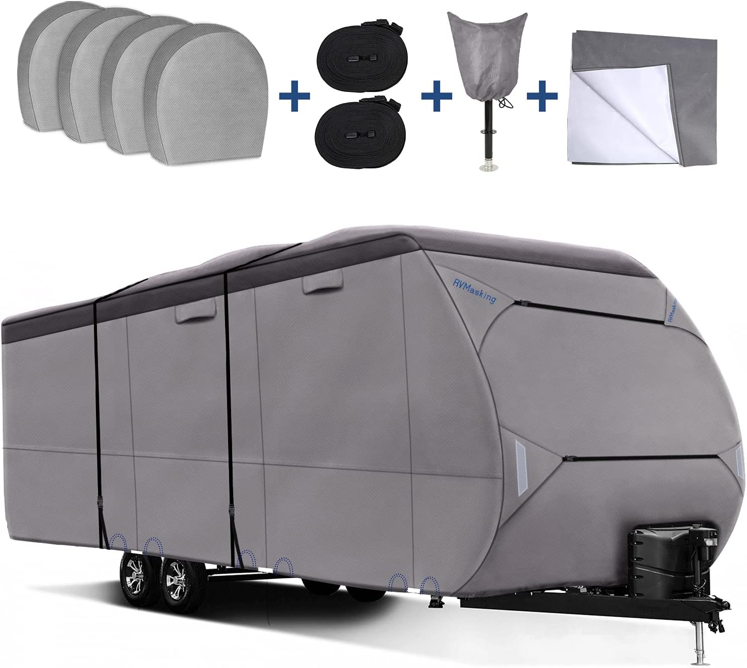 Upgraded Waterproof 500D Travel Trailer Cover with 4 Tire Covers, Tongue Jack Cover J1829