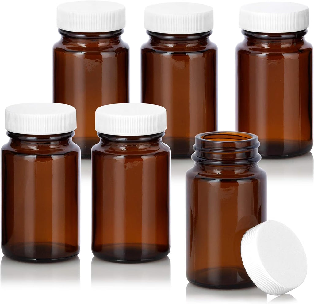Amber Glass Wide Mouth Packer Bottle With White Ribbed Lid (6 Pack) N6521