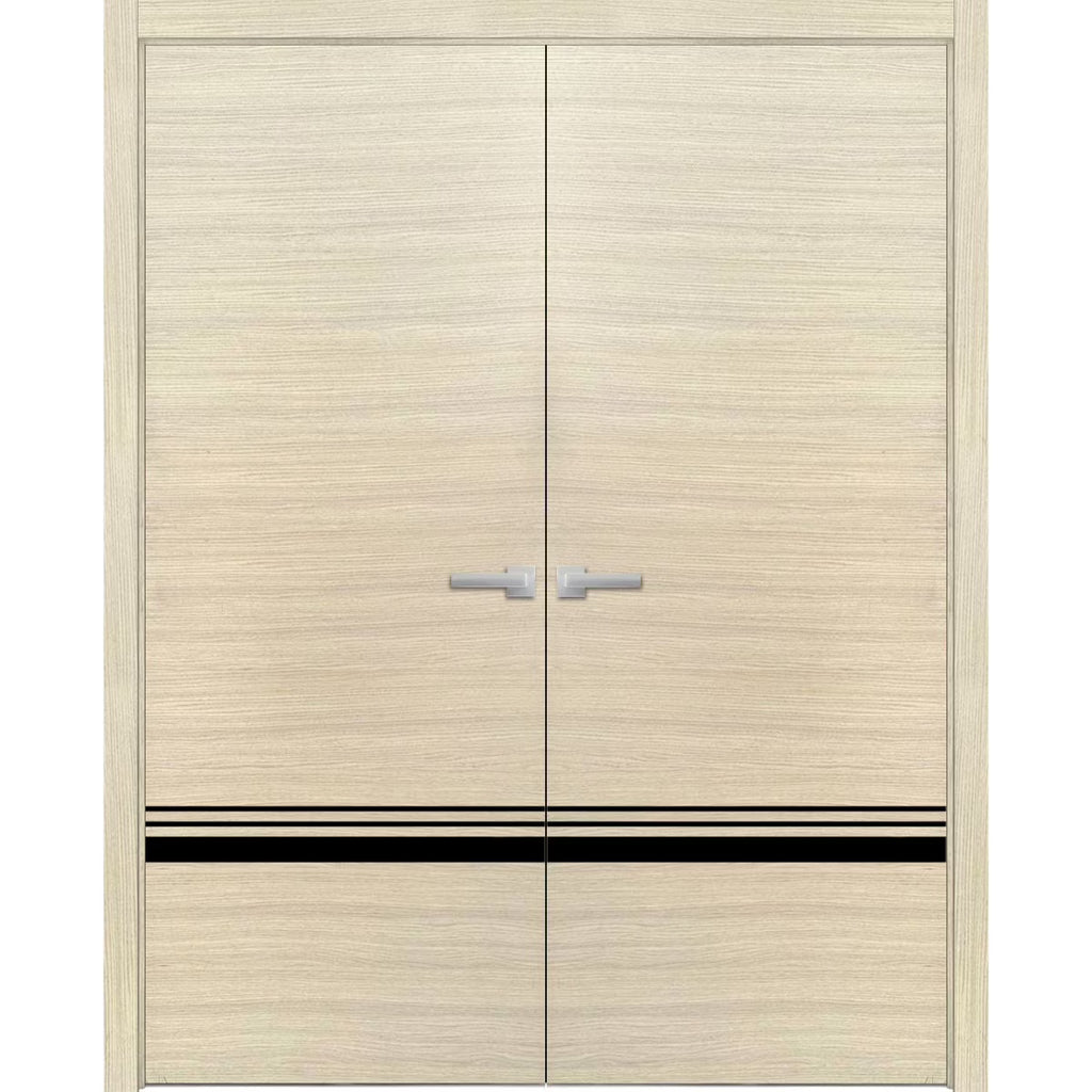 Solid French Double Doors 48 x 84 inches Natural Veneer with Frosted Glass Wood Solid Panel Frame Trims Y1118
