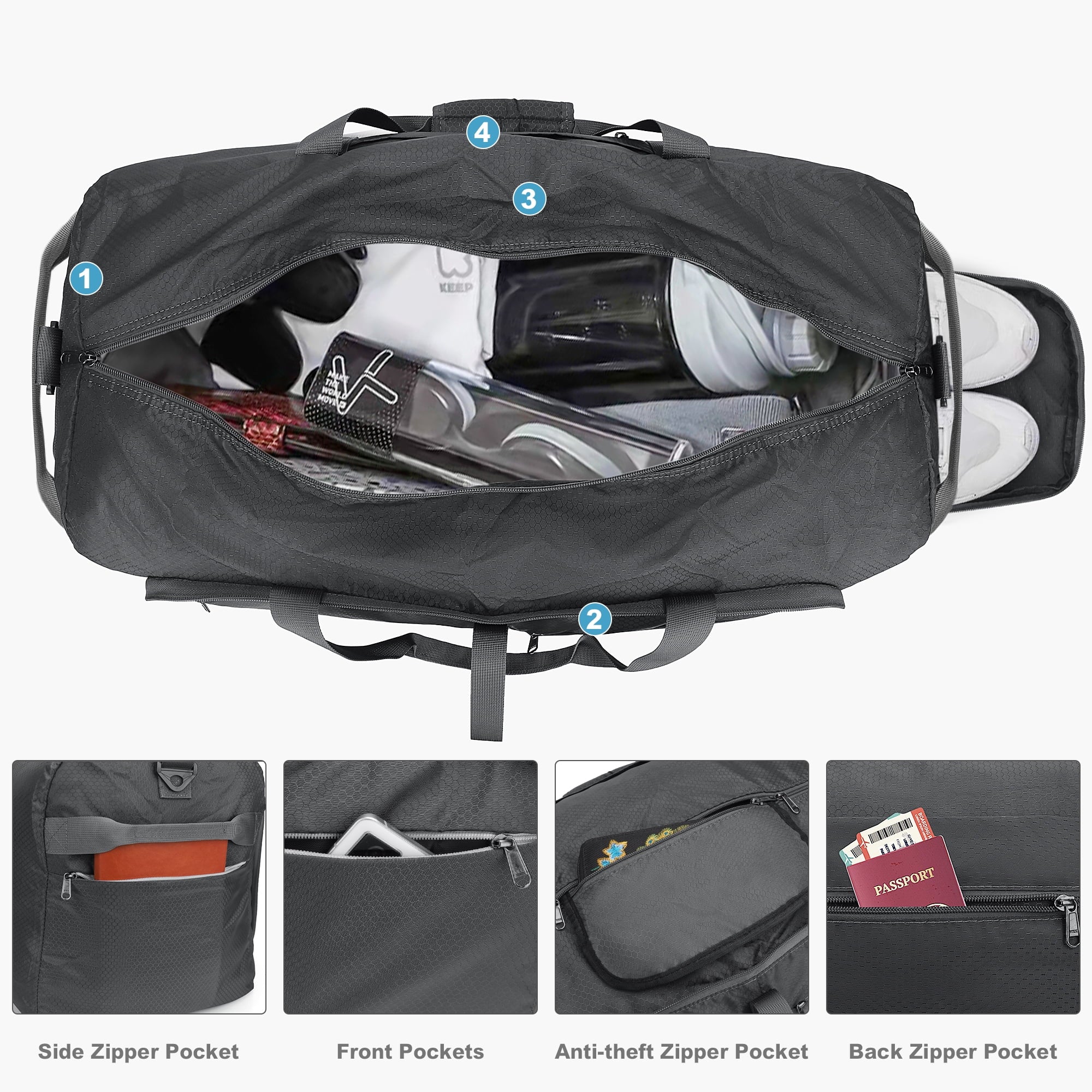 Gray 85L Foldable Waterproof Duffle Bag with Shoe Compartment A723
