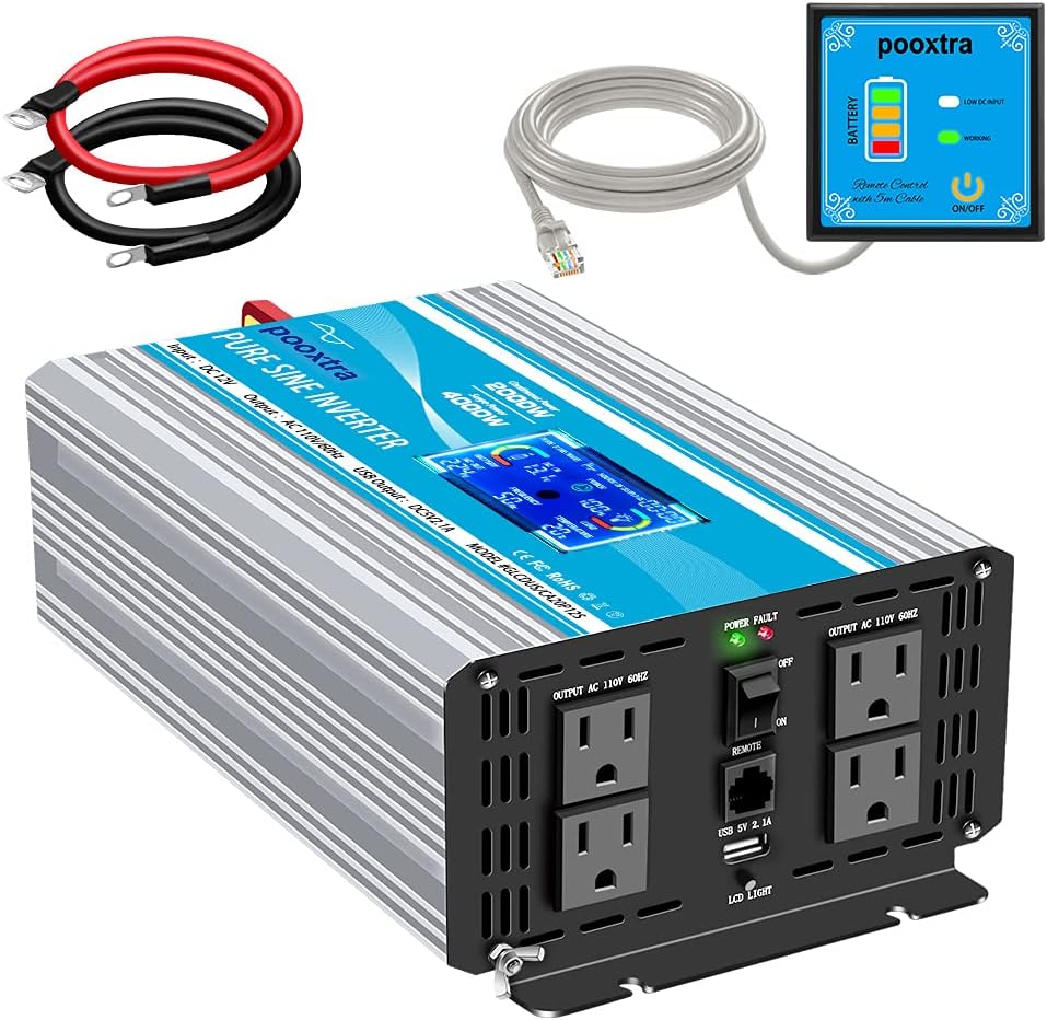 2000 Watt Pure Sine Wave Power Inverter 12V DC to 110V AC with LCD Display USB Port 4 AC Outlets E5884