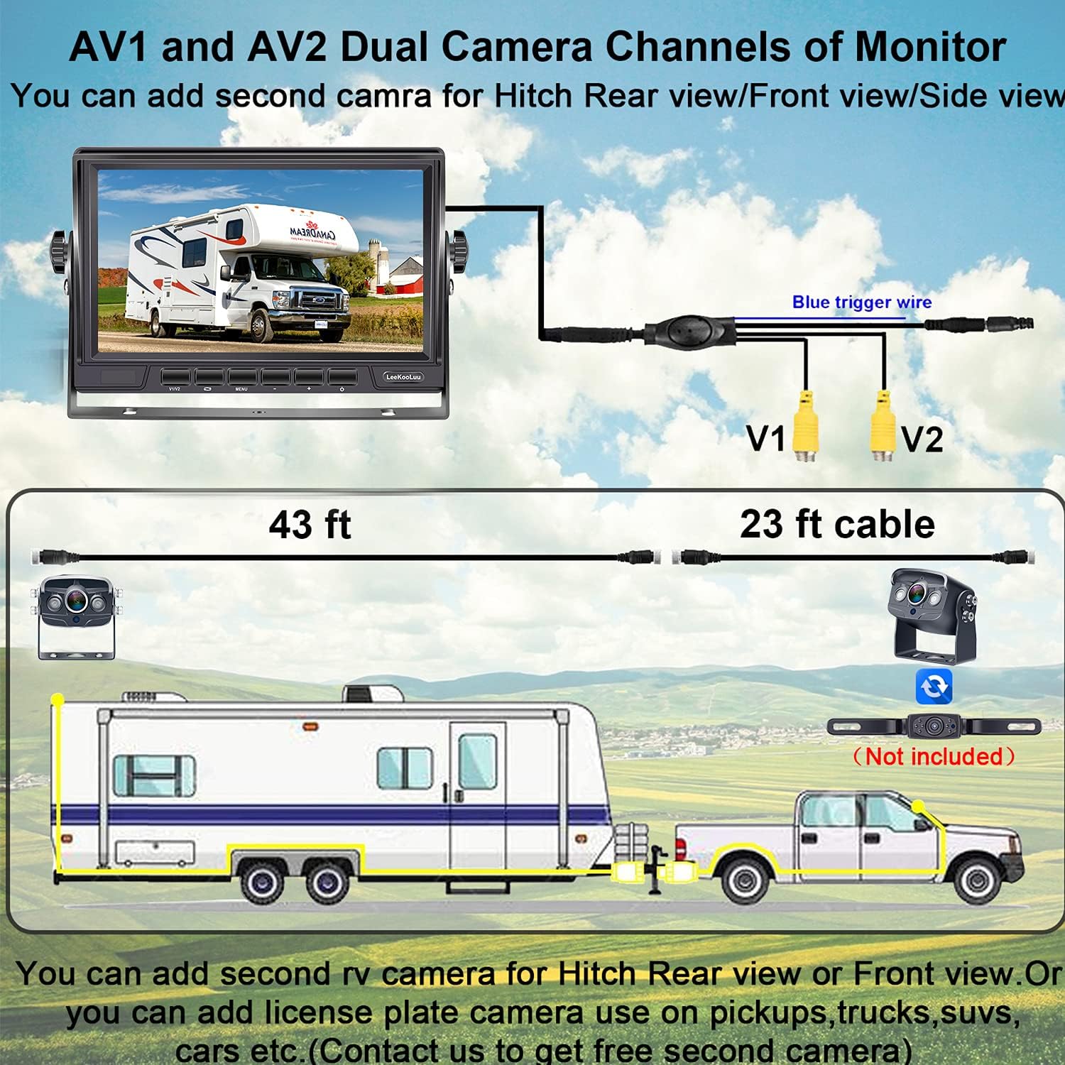 Backup Camera Kit 7 Inch LCD Monitor HD Reverse Camera System Waterproof IR Night Vision Pack of 2 V31095