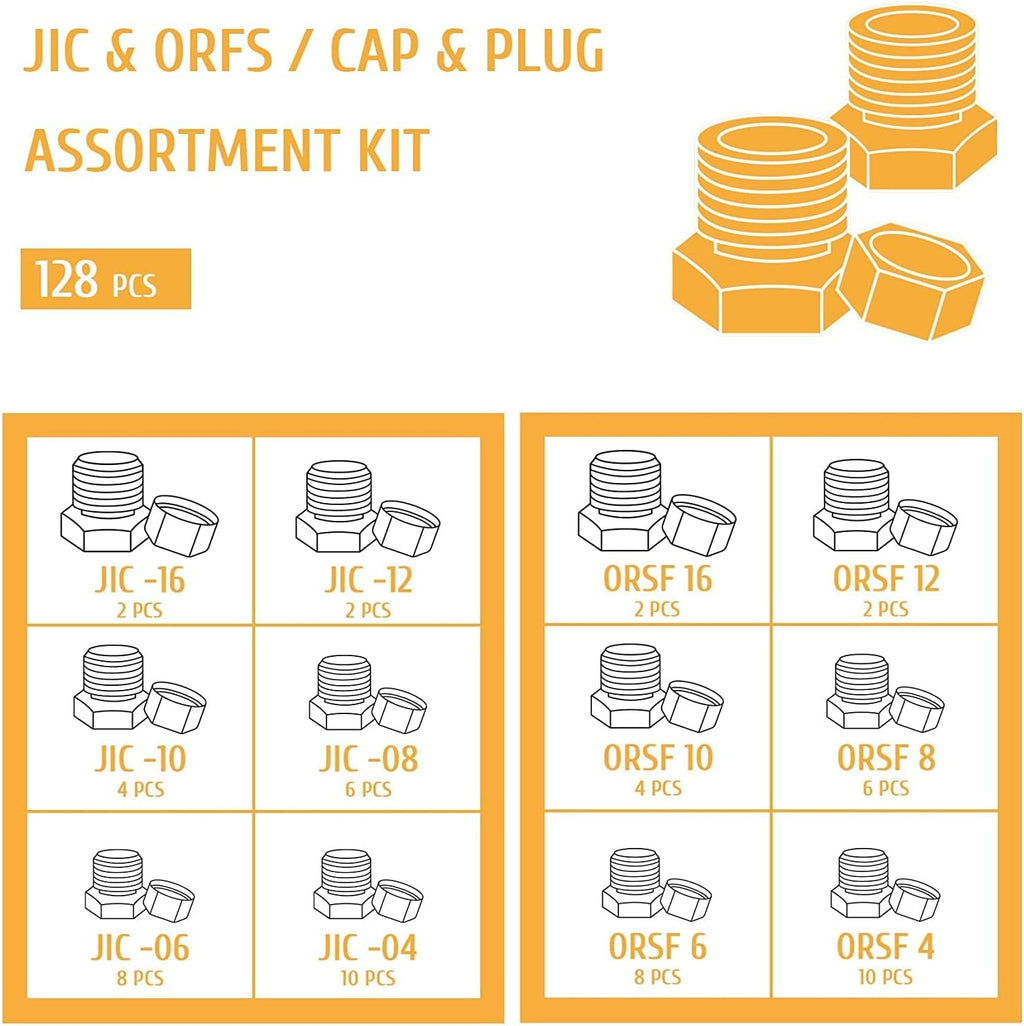 128 PC JIC ORFS Industrial Hydraulic Cap and Plug Kit with Galvanized 45# Steel C7781