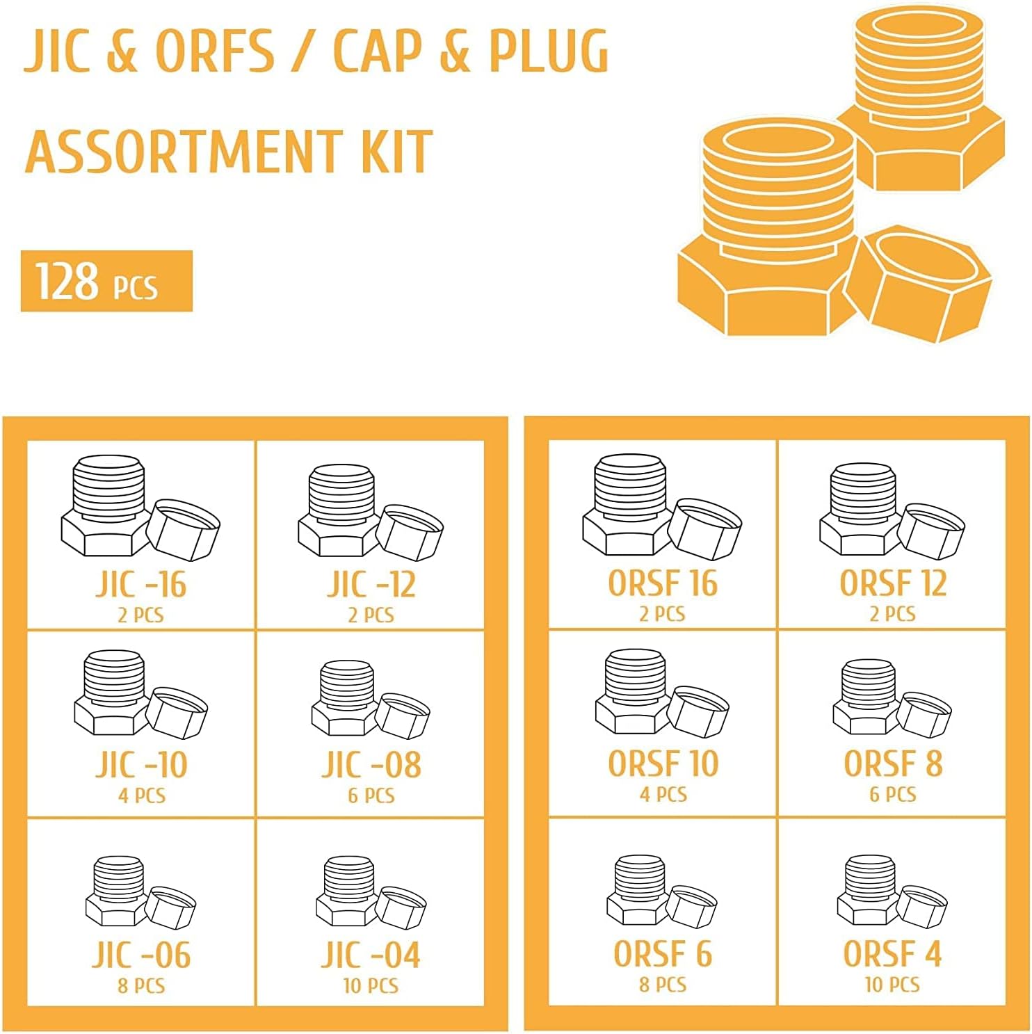 128 PC JIC ORFS Industrial Hydraulic Cap and Plug Kit with Galvanized 45# Steel C7781