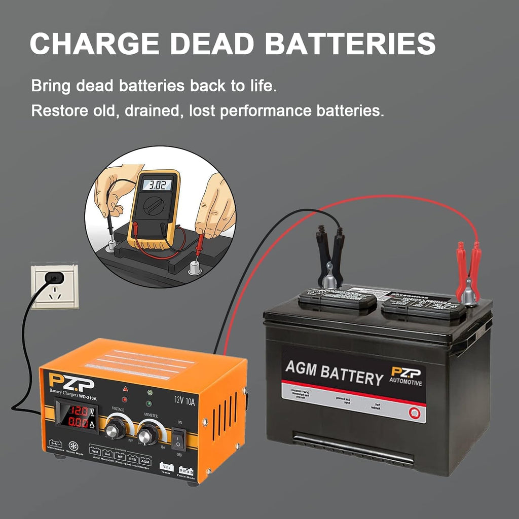 12V 0-10A Automatic Battery Charger and Maintainer with SAE Adapters, Battery Clamps and O-Ring Connectors Q343808