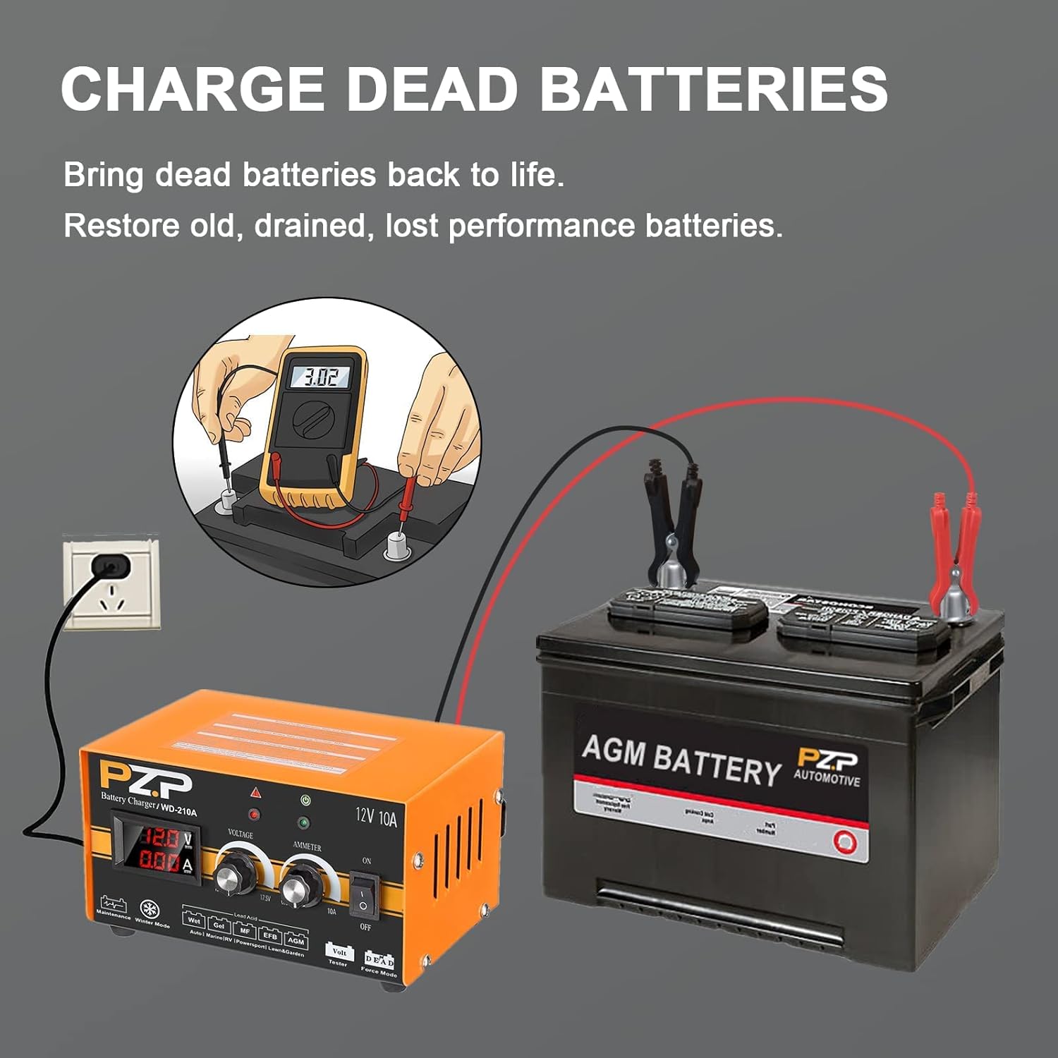 12V 0-10A Automatic Battery Charger and Maintainer with SAE Adapters, Battery Clamps and O-Ring Connectors Q343808