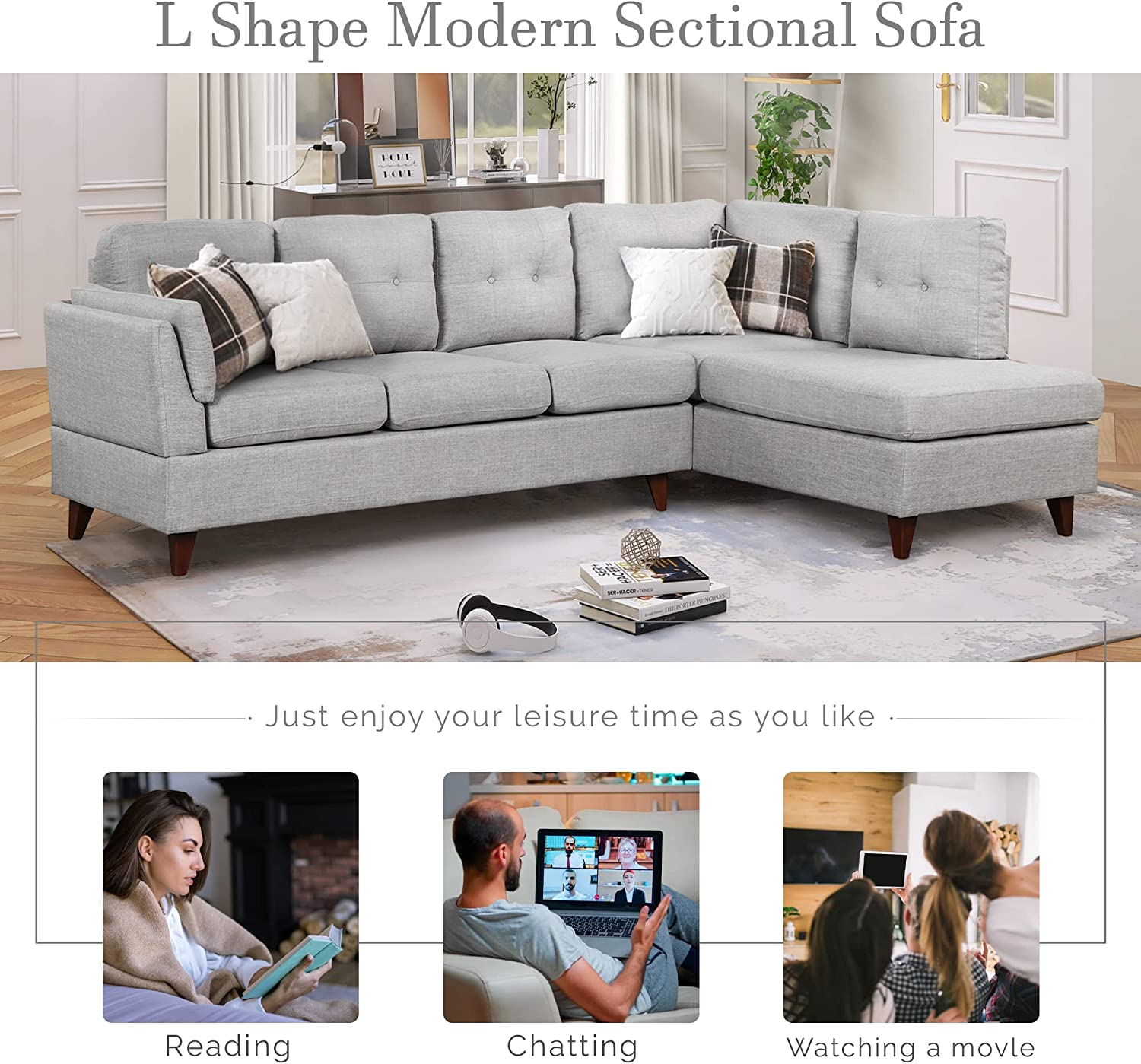 Gray Linen L-Shape Sectional Sofa with Chaise Lounge Q355