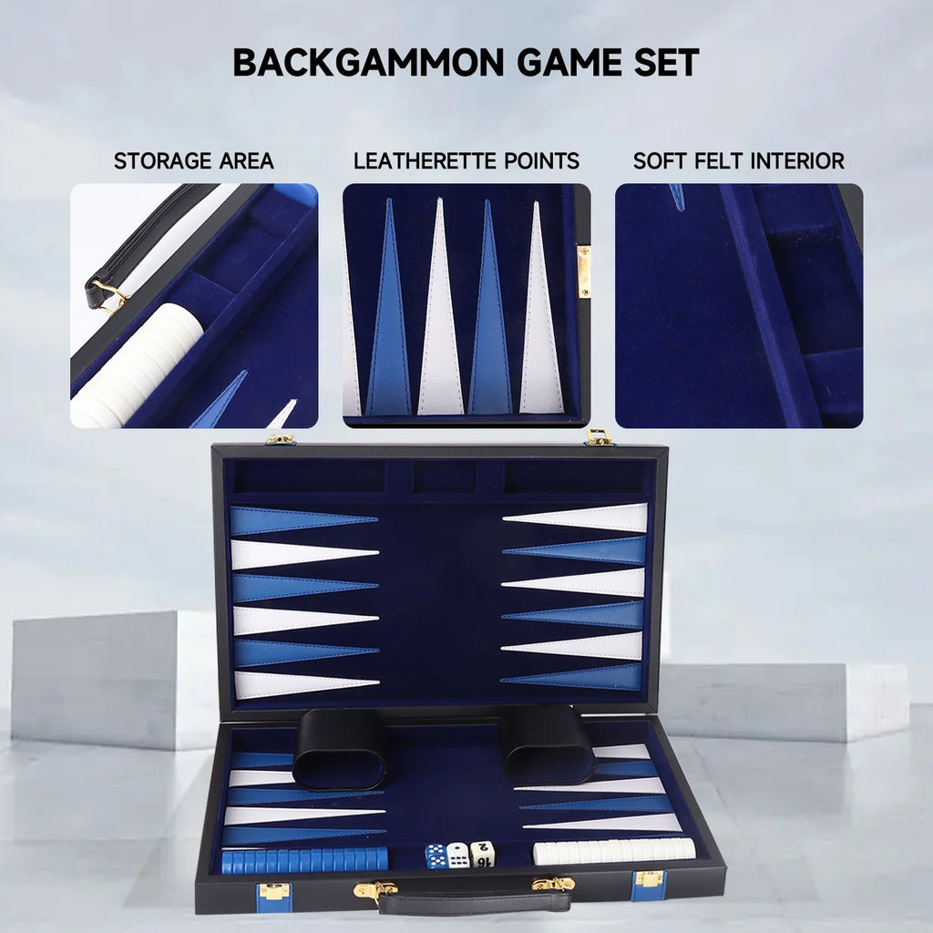 Black & Blue Leather Folding Backgammon Board Game Set M4350