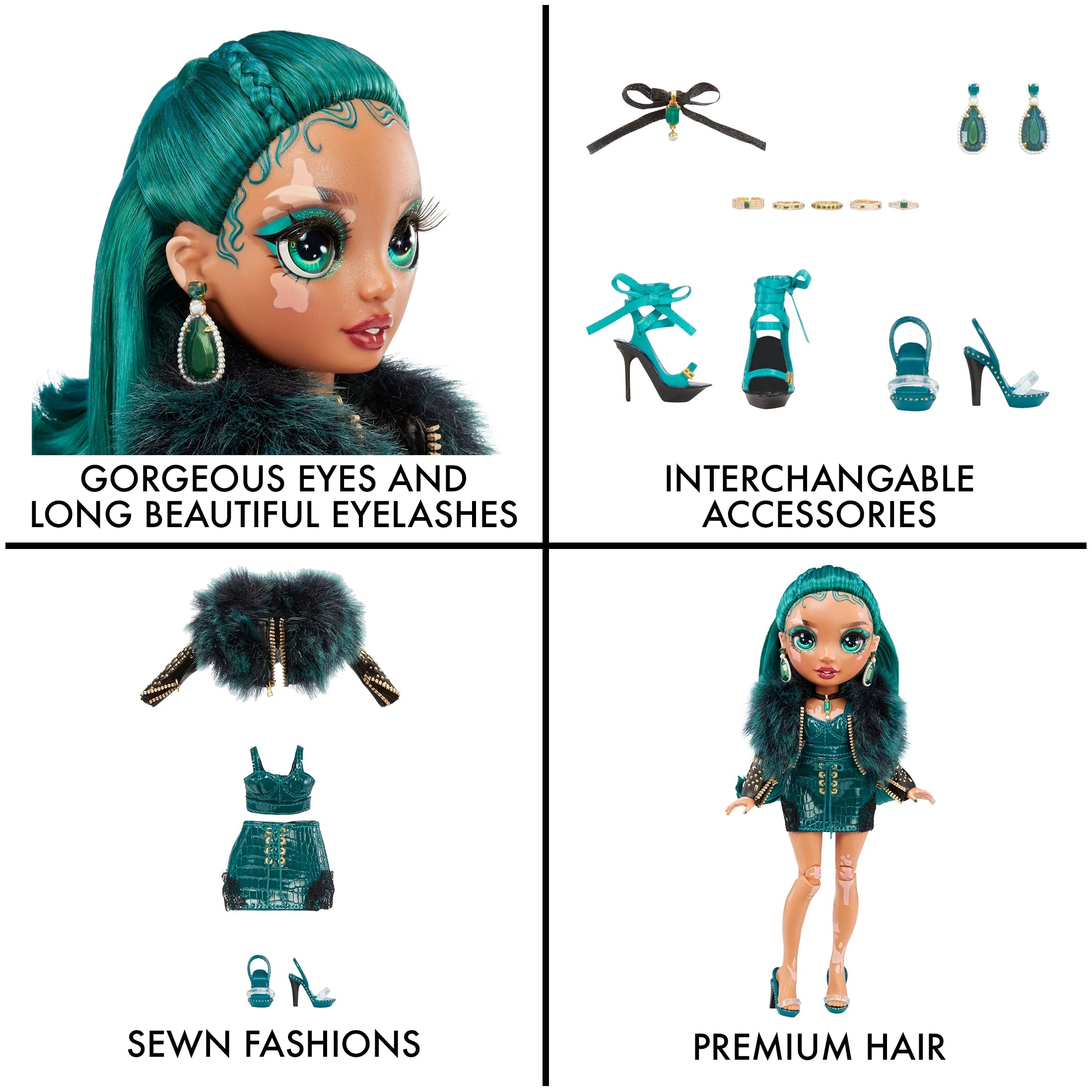 Emerald Green Fashion Doll with Vitiligo, 2 Designer Outfits with Accessories R365189
