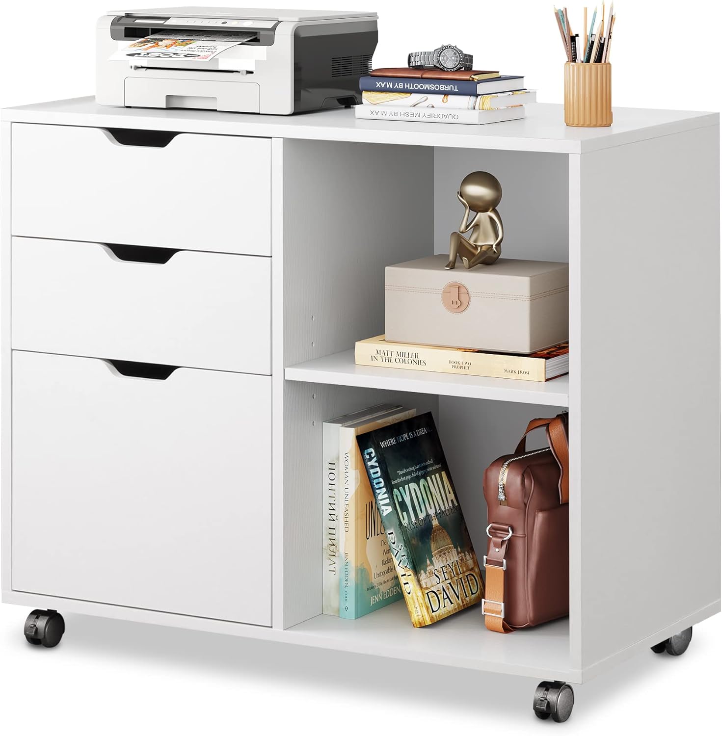 White 3-Drawer Mobile Wood File Cabinet with Open Storage Shelves G760